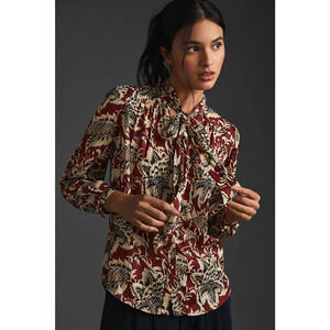 New By Anthropologie Tie-Neck Blouse $128 SMALL Brown Floral Motif Button Front